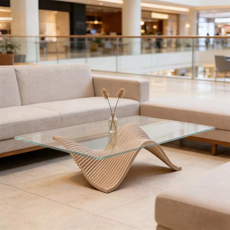 Modern Eco-Friendly Glass Top Coffee Table Wooden Base Parametric Unique for Living Room Home Commercial Interior Projects