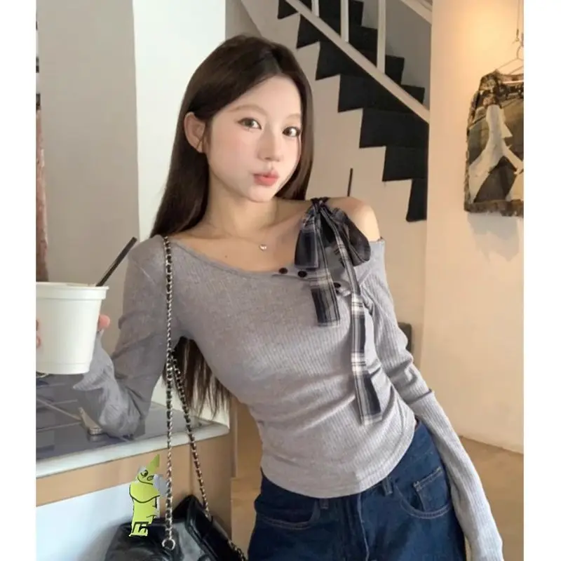 

Осенне-зимняя модная женская базовая рубашка с наклонными плечами и нерегулярной лентой