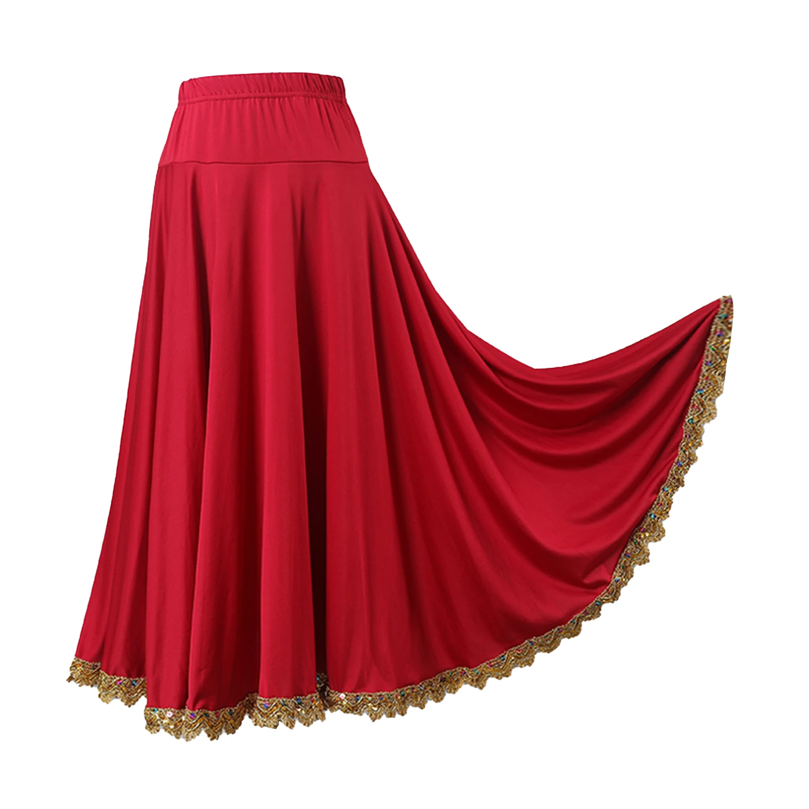 Gonna lunga da donna lirica moderna per danza flamenco, gonna da ballo elastica a vita alta con volant in pizzo per sala da ballo, danza quadrata etnica