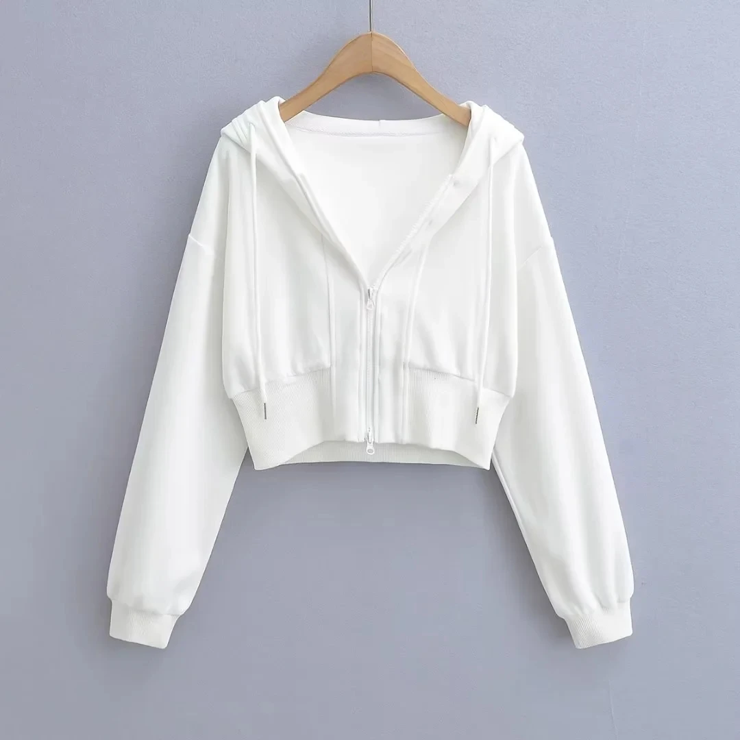 Damska bluza z kapturem na zamek błyskawiczny, kardigan, jednolity kolor, dopasowany krój, długość do pasa, nowa kolekcja wiosenna, luźny krój, odkrywająca pępek odzież wierzchnia.