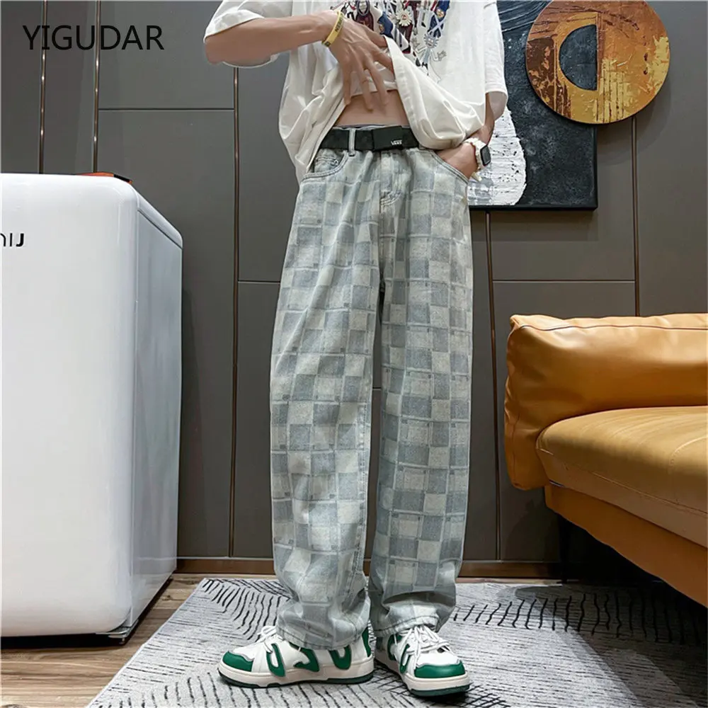 

2022 Men's Streetwear Y2K Jeans Lattice Retro Casual Washed Wide Leg Pants Korean Hip Hop Straight Leg men Trousers Men's