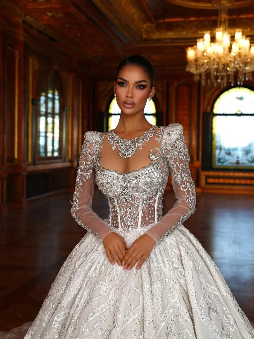 Роскошное свадебное платье с блестками, бальное платье, элегантное кружевное свадебное платье с бисером и длинным рукавом, индивидуальное платье de novia