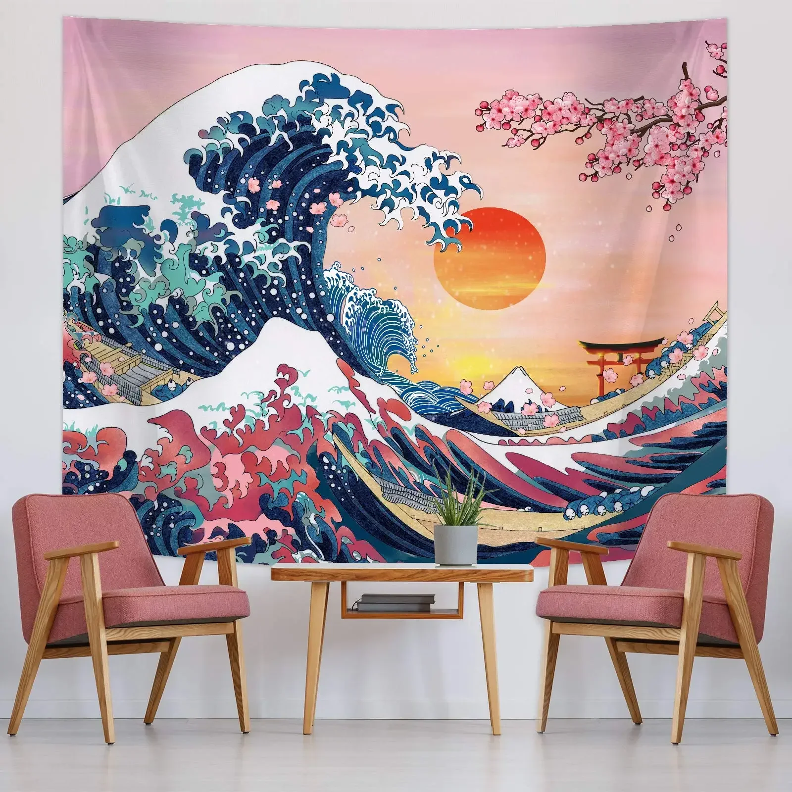 Great Sea Wave Tapestry Asian Anime Mount Red Sun Cherry Blossom Tapestry Home Living Room Bedroom Wall Modern Art Tapestries