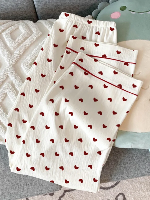Summer New Arrival Thin Short Sleeve Heart Print Sleepwear Women's Korean Style High Aesthetic Three Piece Set Sweet Cute Style