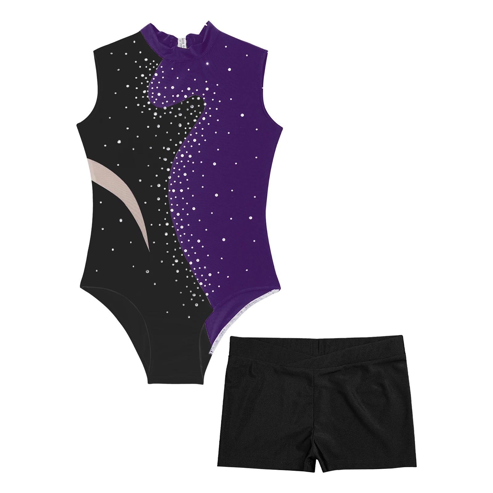 Kids Girls Ballet Dance Sets Rhinestones Keyhole Back Sleeveless Gymnastics Bodysuit with Shorts Sportswear Outfits Costumes