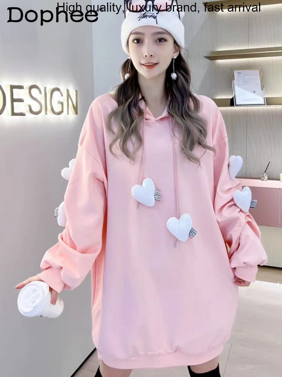 Love Autumn Winter Design Fleece Thickened Hooded Sweatshirt Dress Women Korean-Style Casual Loose Oversized Mid-Length Hoodies