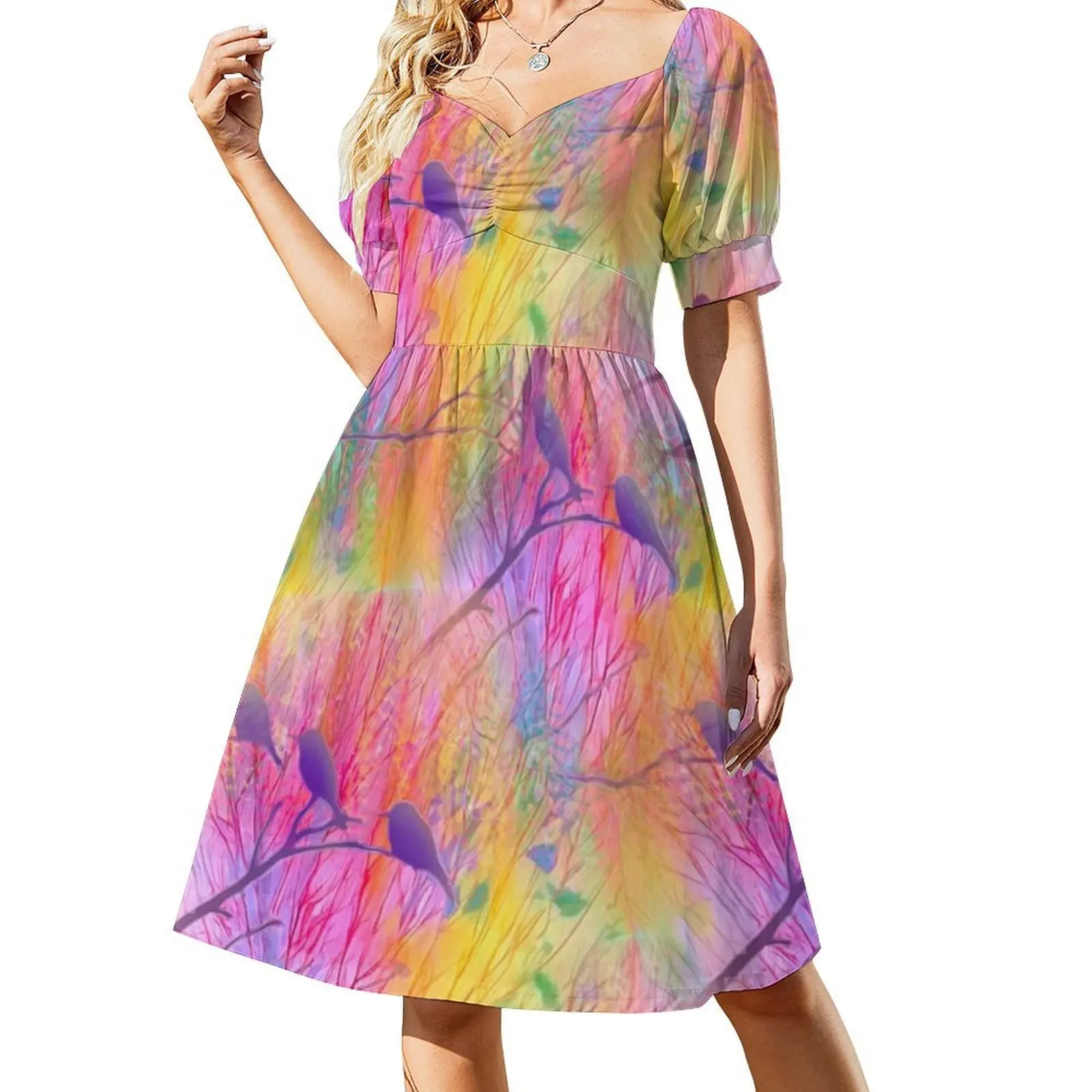 الطيور في بوش (فن المعيشة) فستان بفتحة عنق على شكل قلب فستان أنيق للحفلات الصيفية للنساء فن المعيشة المعاصر