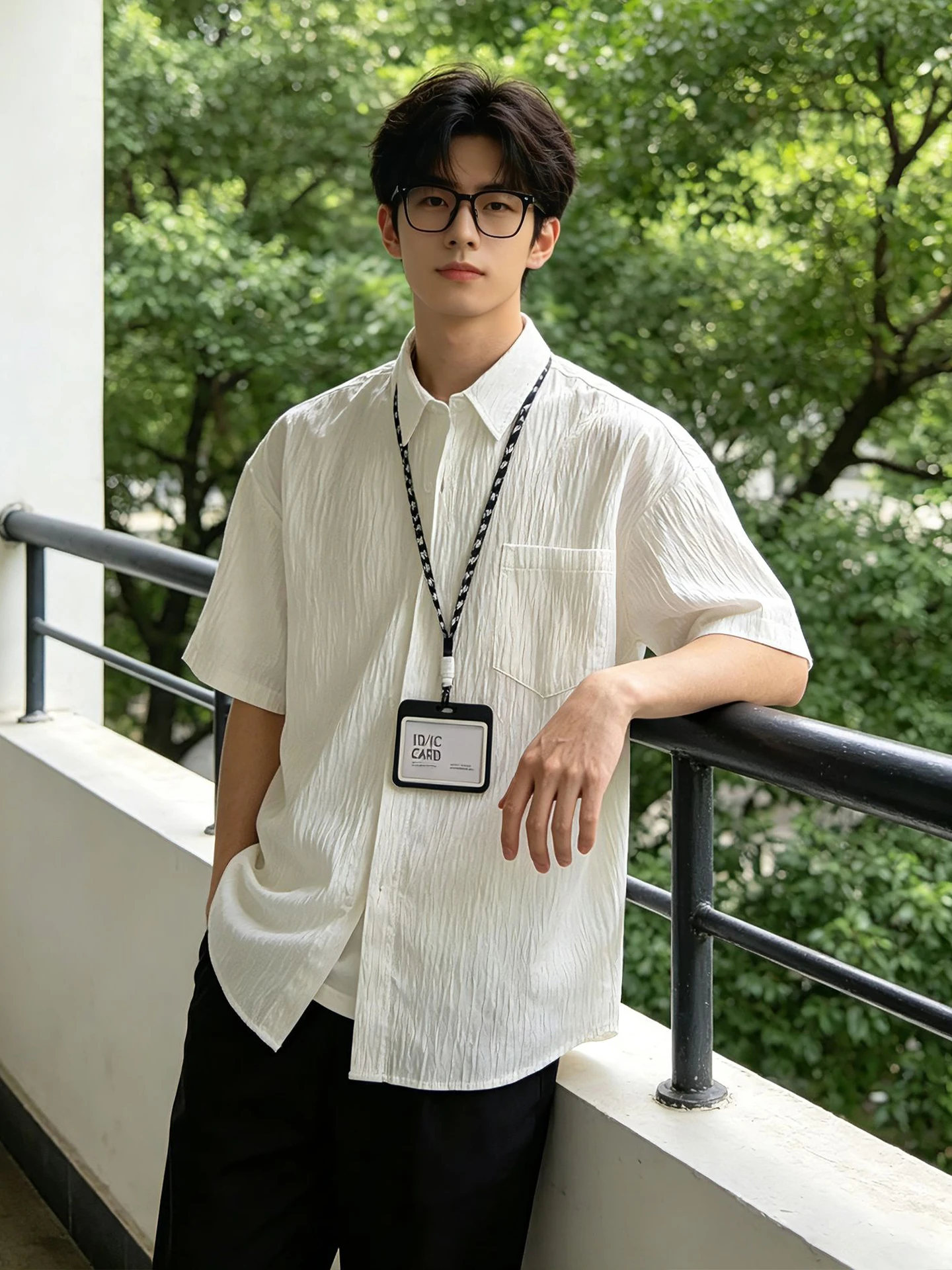 

White Textured Ice Silk Men's Casual Shirt Thin Short Sleeve Summer Lightweight Pleated Collar Half Sleeve Outerwear Sunscreen