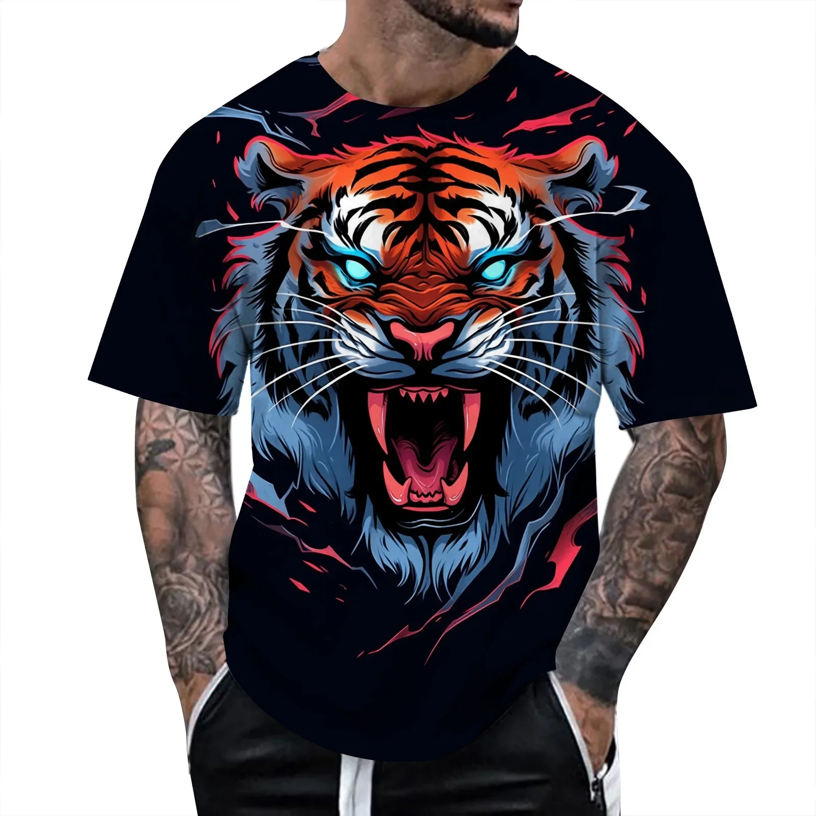 2026 New Men 3D Roaring Tiger Head Print T-shirt Wild Animal Graphic T Shirt for Men Casual O-neck Trend Street Hip Hop Clothing