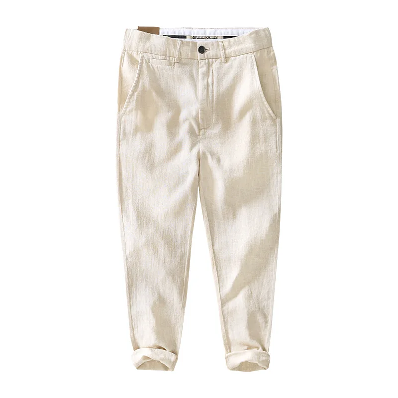 

Японские ретро-брюки из хлопка и льна для мужчин, летние повседневные деловые брюки, слегка эластичные, с прямым кроем, дышащие.