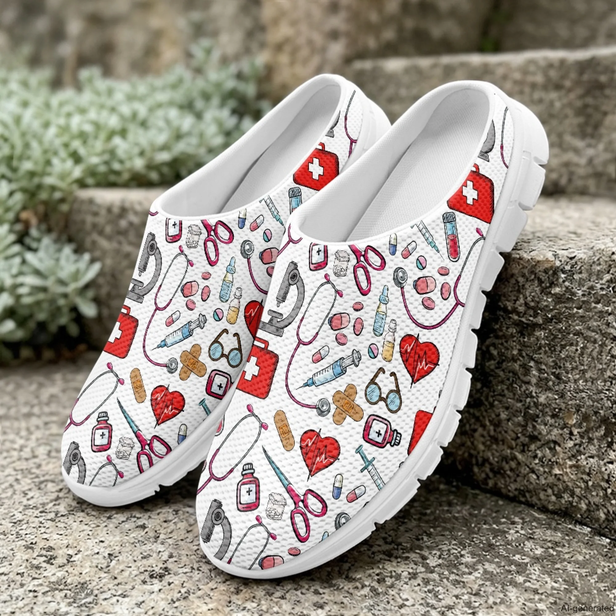 XIXIRIMIDO Casual Shoes Medical Pattern Nurse Shoes Versatile Sports Women's Slippers Breathable Mesh Men's Walking Shoes 35-48