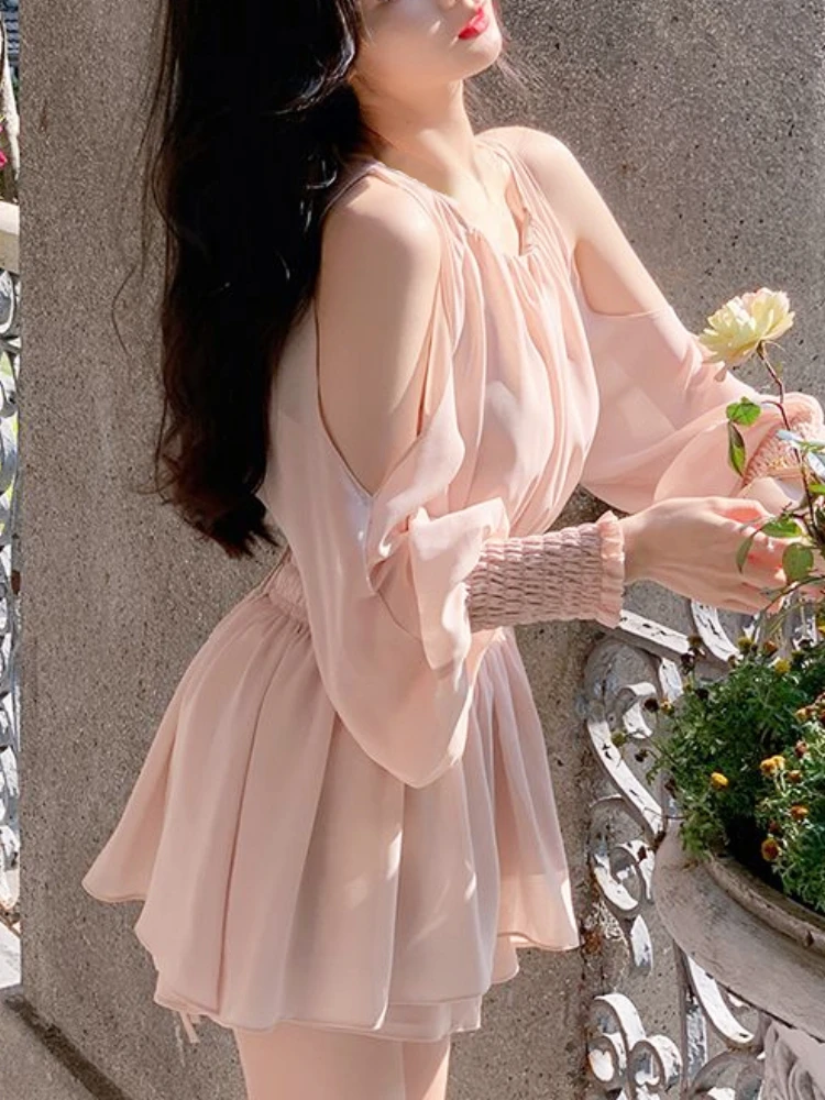 2023 Summer Pink Sweet 2 pezzi Dress Set donna manica lunga Retro camicetta + Y2k minigonna Office Lady coreano Fashion Suit Chiffon