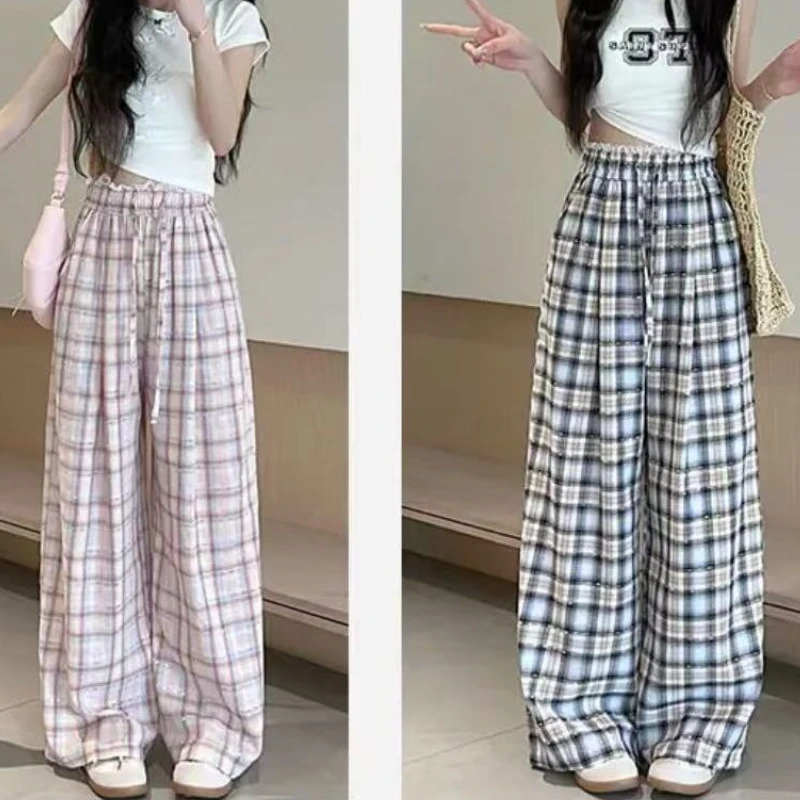 レディース チェック柄 パンツ 高品質 クロップド丈 ミディアム Gトレンド 2025 クラシック XXL 90年代風 ウェア エステティック ワイドレッグパンツ