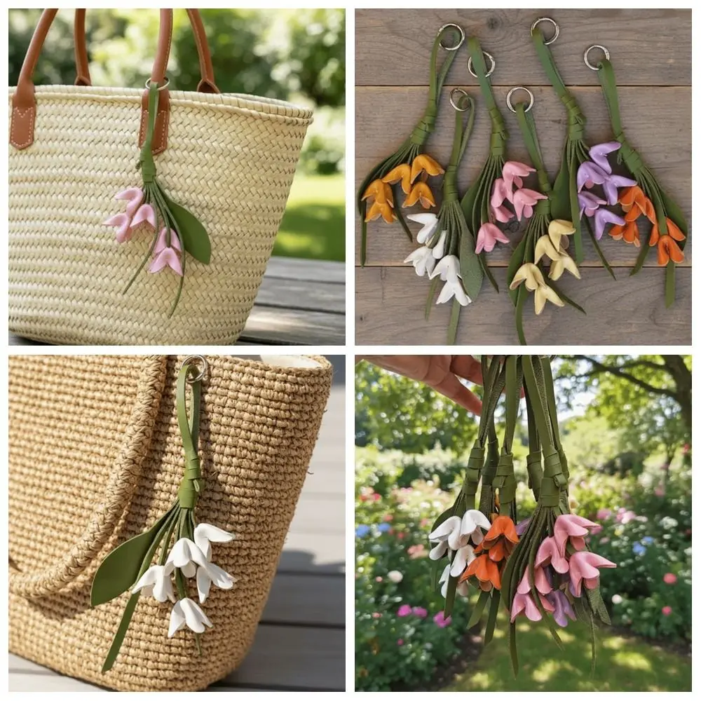 Lovely Hanger Tulip Bouquet Leather Pendant Handmade Fashion Flower Pu Keychain Creative Cartoon Bag Pendant Car Accessory