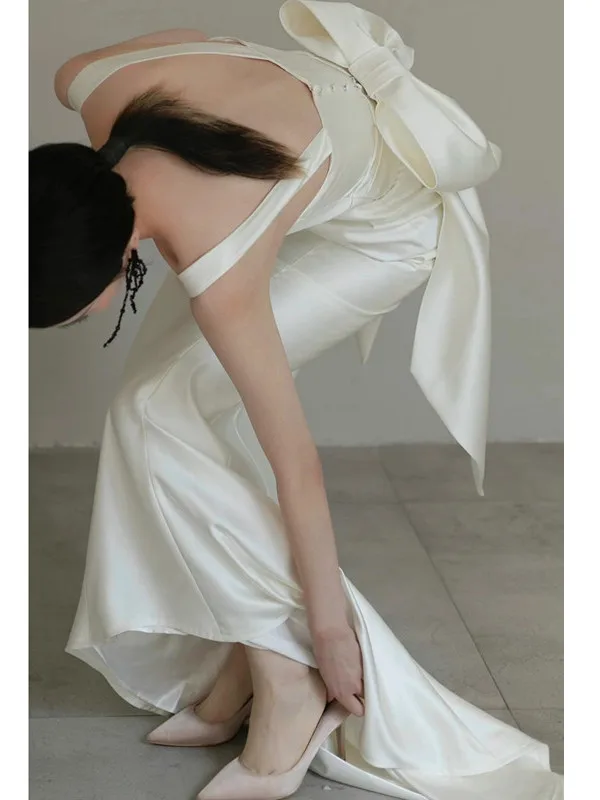 

Light Satin Wedding Dr Simple Sle Bridal Gown White Fi Tail Welcome Guest out Door Wedding Dr for Young Women
