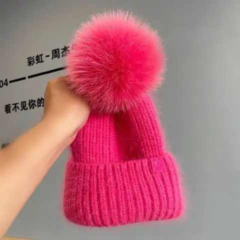 Knitted Hat Female Rabbit Fur Warm Thickened Fox Fur Ball Hat Autumn and Winter