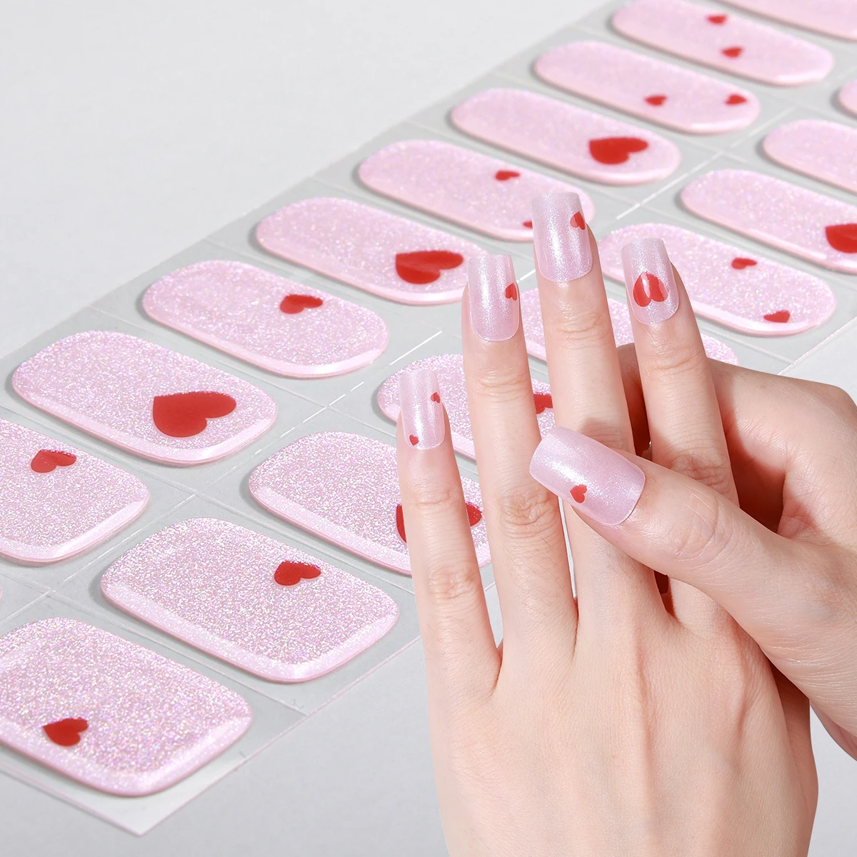 20 팁 레드 하트 반 경화 젤 네일 스트립 Shinning DIY 젤 폴란드어 스티커 패션 풀 커버 오래 지속되는 UV 젤 네일 랩