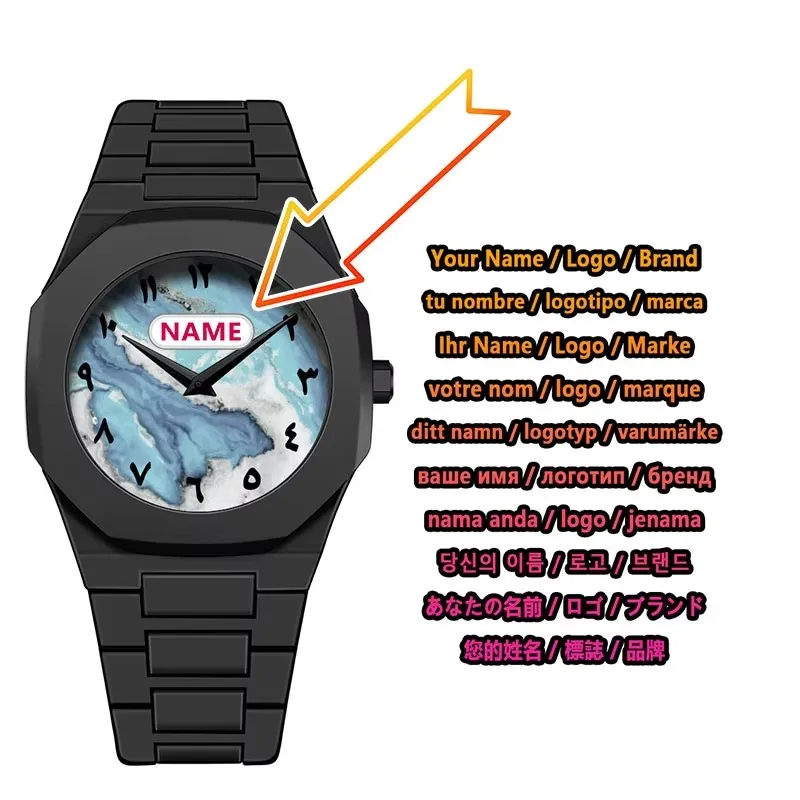 GOGARAMA Personalized Custom Brand Logo Blue Dial Arabic Numerals Quartz Men's Business Watch