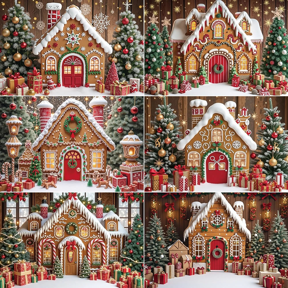 

MOON.QG Happy New Year Backdrop Christmas Gingerbread Houses Balls Trees Photo Background Children Photography Shooting Props