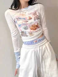 ADAgirl Kawaii Cat Imprimir Manga Longa Tees Camisa Gatinho T-shirts Y2k Cropped Tops Mulheres Hotsweet Harajuku Japão Cutecore Roupas