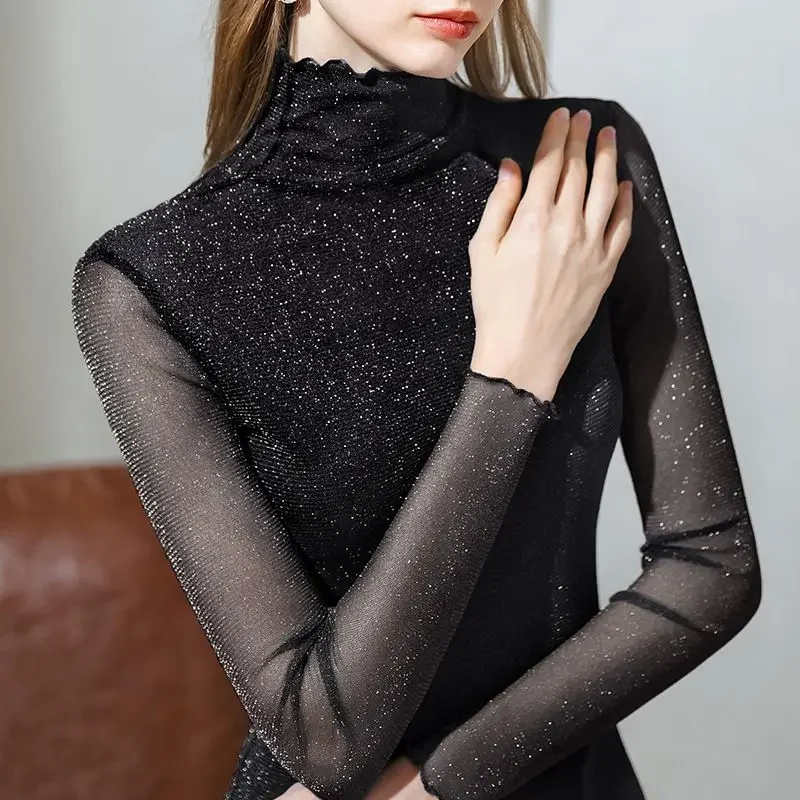 Black Top Female Turtleneck Mesh Slim Fine Sparkle Women\'s Long Sleeve T-shirt 90s Vintage Harajuku Fashion Japanese Clothes Tee