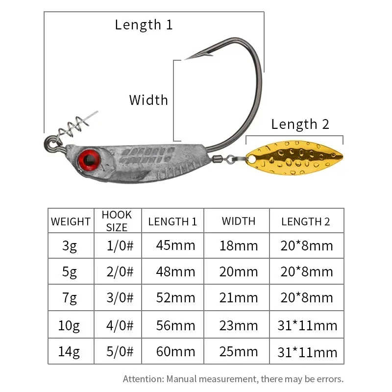 2pcs Micro Lead Jig Hooks Wobbler Spinner Bait Weedless Barbed Crank Hook Metal VIB Rotate Spoon 3D Fisheyes for Soft Worm Bait