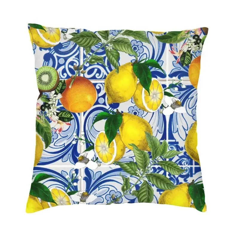 Mediterranean Lemon On Blue Ceramic Tiles Pillow Case Home Decorative Summer Citrus Fruit Cushions Cover For Sofa Pillowcase