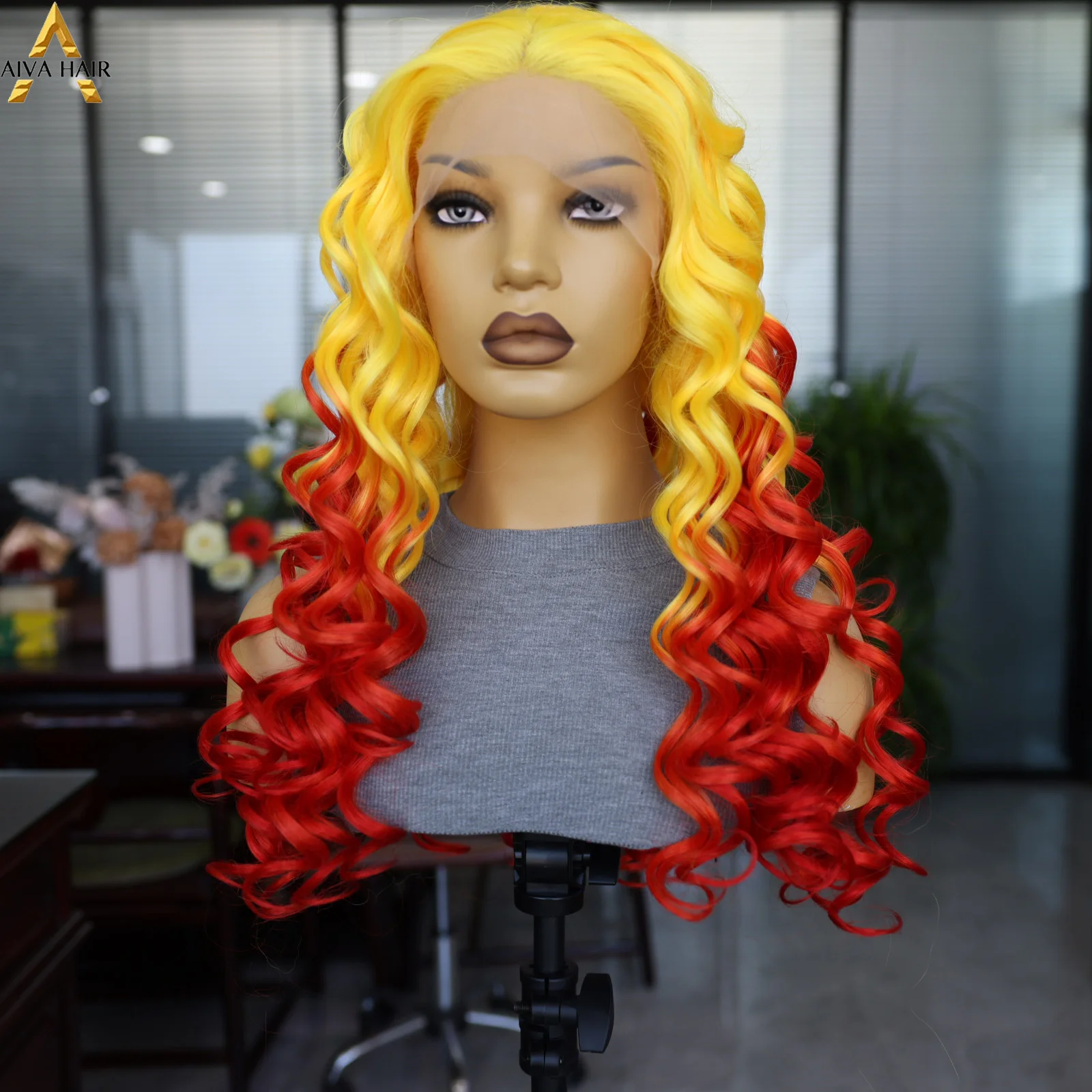 Aiva Red Yellow Gradient Synthetic High Quality Wig Long Wave for Black Women Cosplay Party Wig 180 Density Natural Hair Line