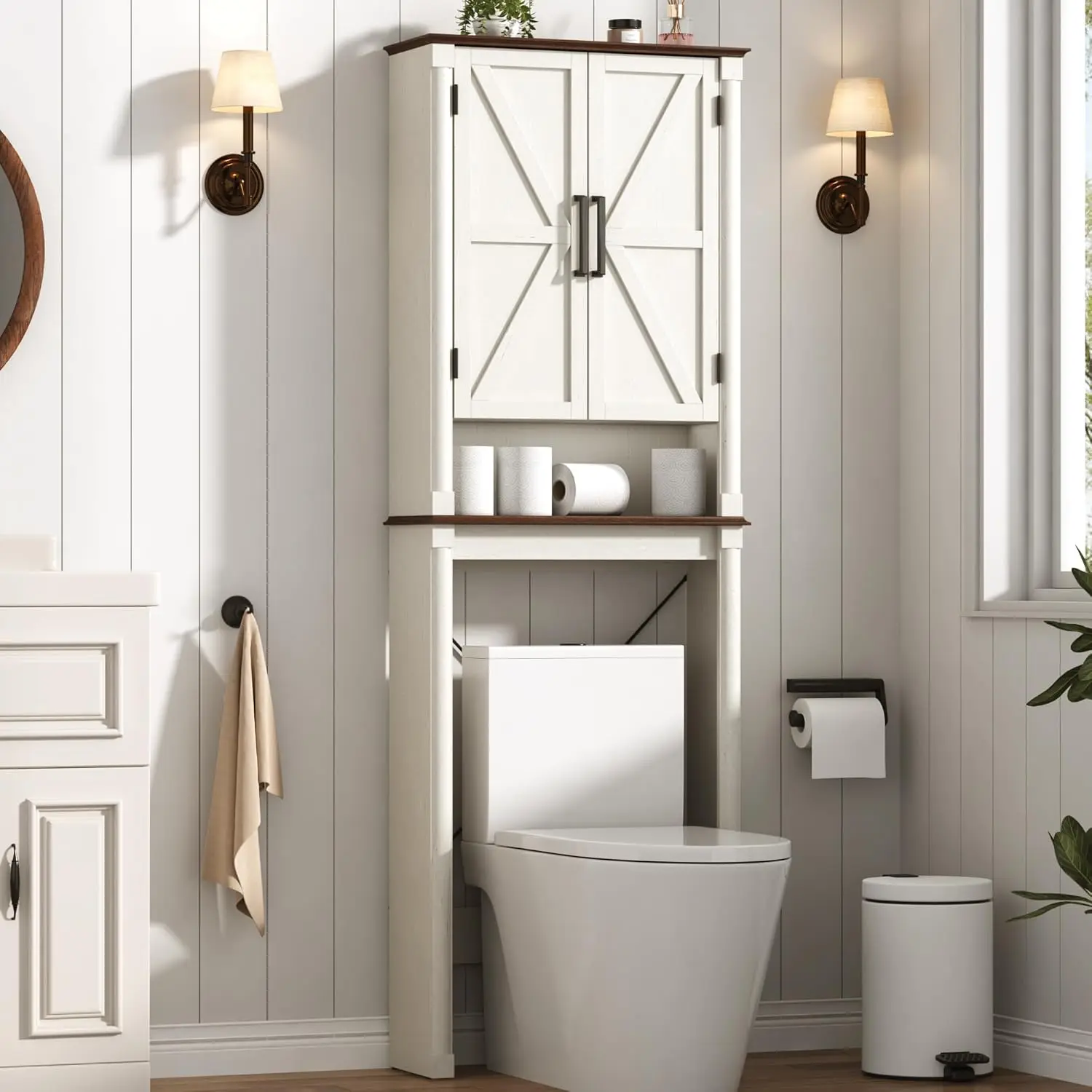 

Farmhouse Bathroom Storage Cabinet,Over The Toilet Storage Cabinet with Roman Column Decor,Tall Over The Toilet Shelf with Ba