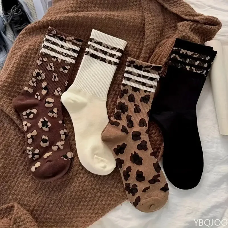 4 Pairs Fashionable Sweat Absorbing Breathable Soft Comfortable Sports Casual Socks Women Leopard Pattern Mid Tube Socks