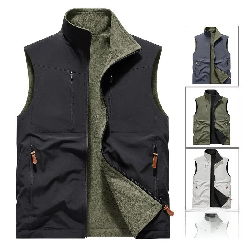 

Double-Sided Wear Fce Vest Men's Autumn Winter Outdoor Loose Fit Waterproof Cotton Corduroy Busin Casual Zipper Closure