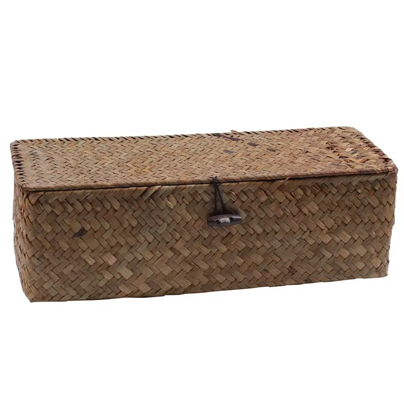 3 Grid Storage Baskets With Cover Vintage Jewelry Storage Case Straw Desktop Tea Set Handmade Rattan Makeup Storage Box