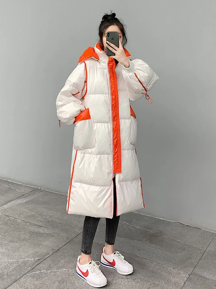 2023 Winter New Detachable Hooded Parka Down Jacket Women Long Gloosy Knee Down Jacket Female Loose Thickened Down Outerwear