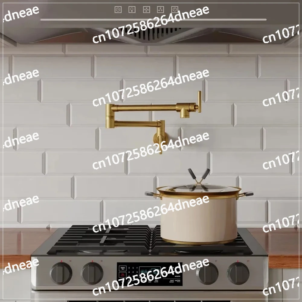 Gran oferta, grifo plegable de llenado de ollas comercial, brazo oscilante de doble articulación estirable dorado, grifo de cocina de latón de montaje en pared