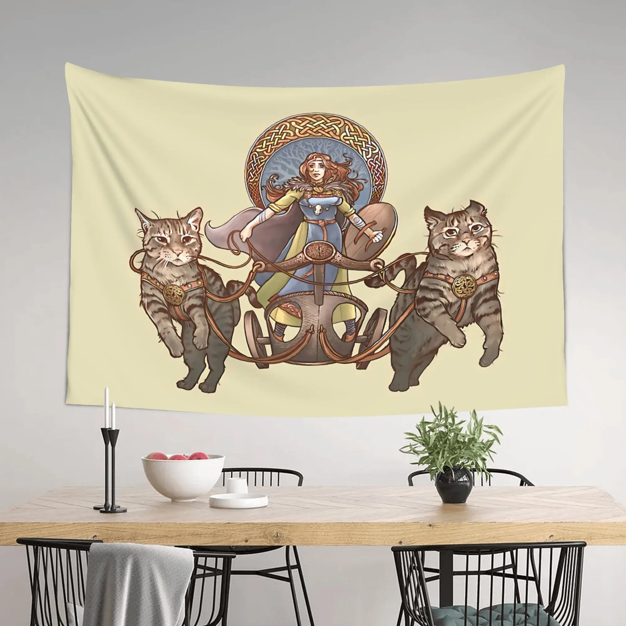 VIKAMA Nordic Freya Cat Chariot Tapestry, Vintage Celtic Knot Goddess Wall Art for Bedroom Living Room Decor