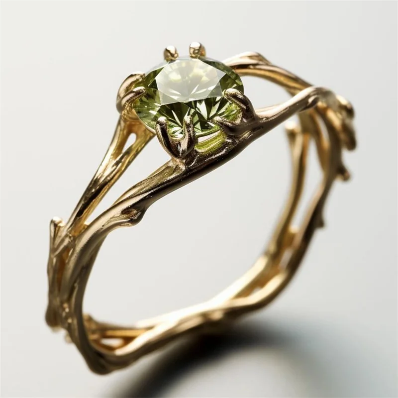 Minimalistischer Damenring mit grünem CZ-Baumzweig, exquisiter goldener Farbton, geometrisches Design, für den täglichen Gebrauch, Partyschmuck, Jubiläumsgeschenk