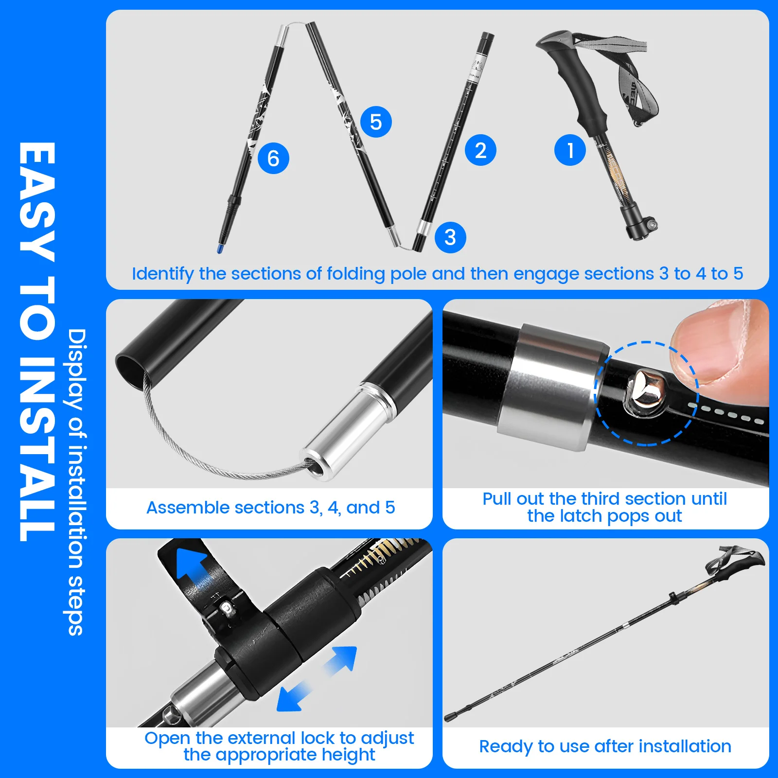 110-125 Cm Trekking Poles EVA Handles Foldable Adjustable Aluminum Alloy High Density Nordic Walking Poles 1 Pair