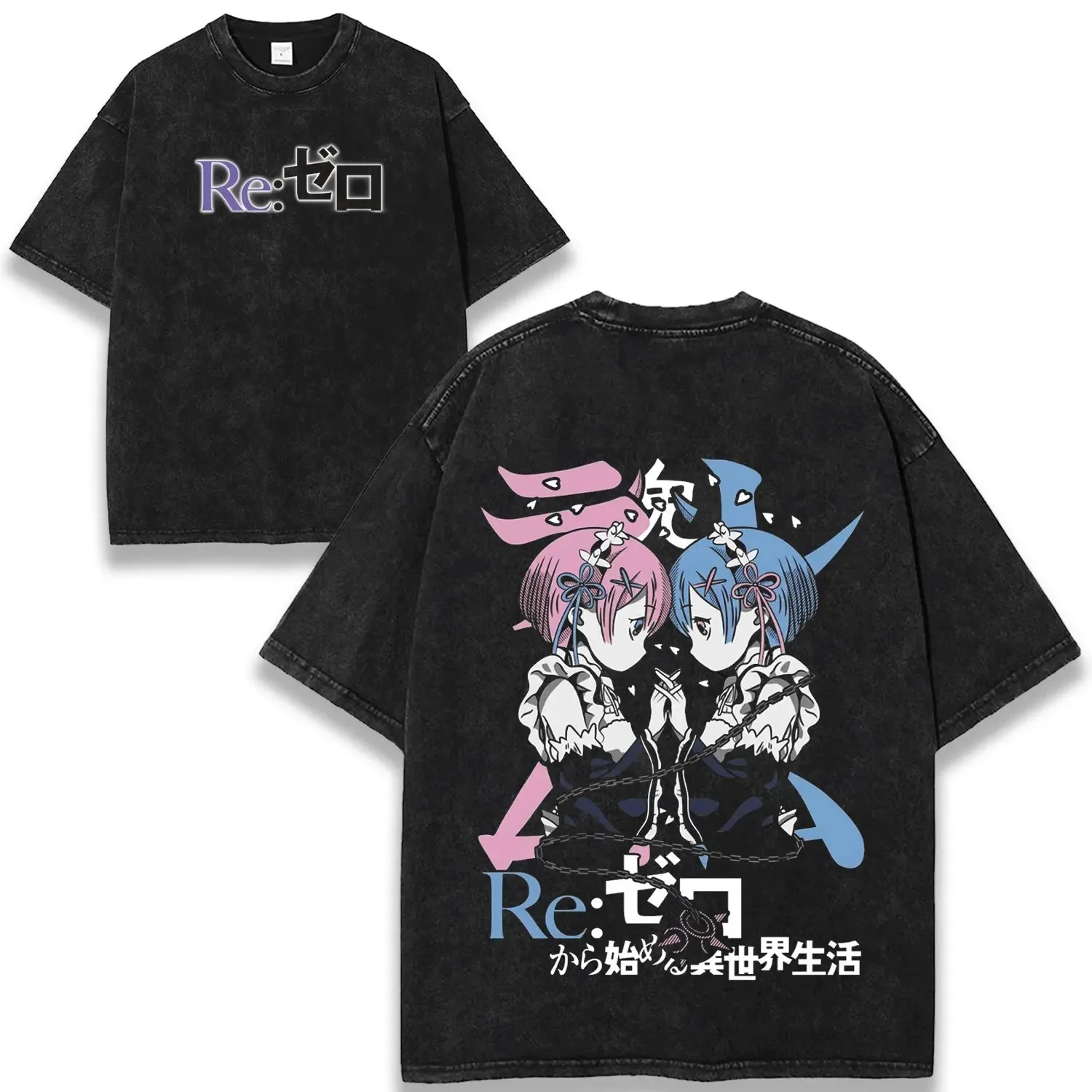 T-shirt Manga Re:ZERO Starting Life in Another World Rem Ram Anime Y2k, t-shirt délavé, hauts d'été en coton, vêtements pour hommes et femmes