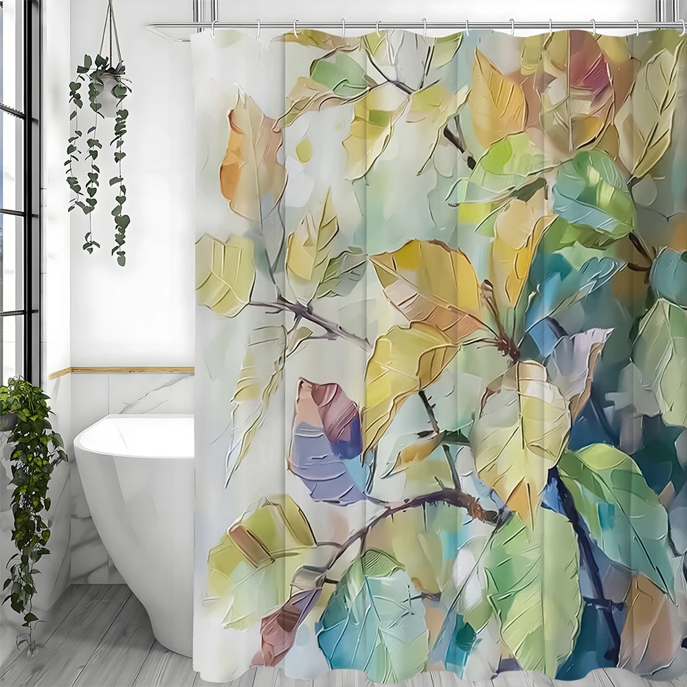 

Thickly Painted Textured Leaves Oil Painting Shower Curtain, Bathroom Decorative Shower Curtain, Waterproof Shower Curtain with