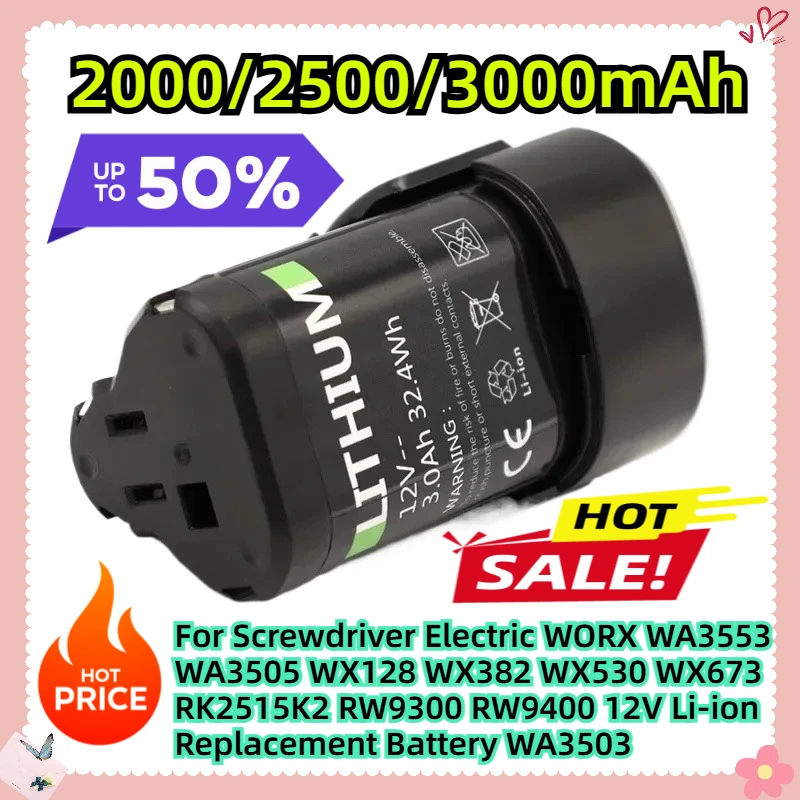 

For Screwdriver Electric WORX WA3553 WA3505 WX128 WX382 WX530 WX673 RK2515K2 RW9300 RW9400 12V Li-ion Replacement Battery WA3503