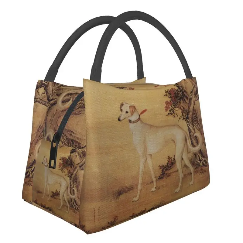 

Vintage Chinese Greyhound Painting Insulated Lunch Bag for Women Whippet Dog Cooler Thermal Bento Box Beach Camping Travel