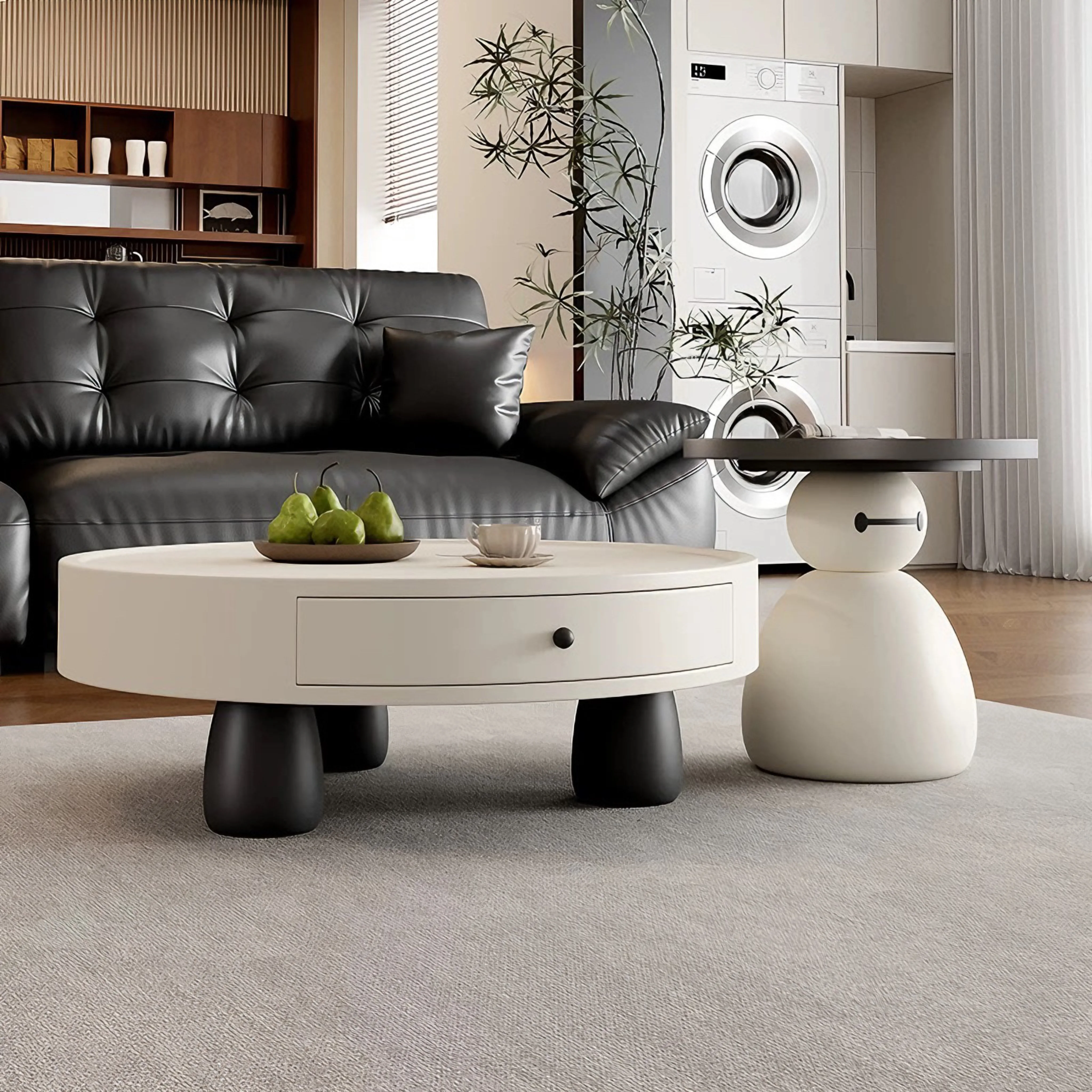 #Modern Home Living Room Solid Wood Panel Round Top Coffee Table with Durable Storage E0 Level 2-Year Warranty