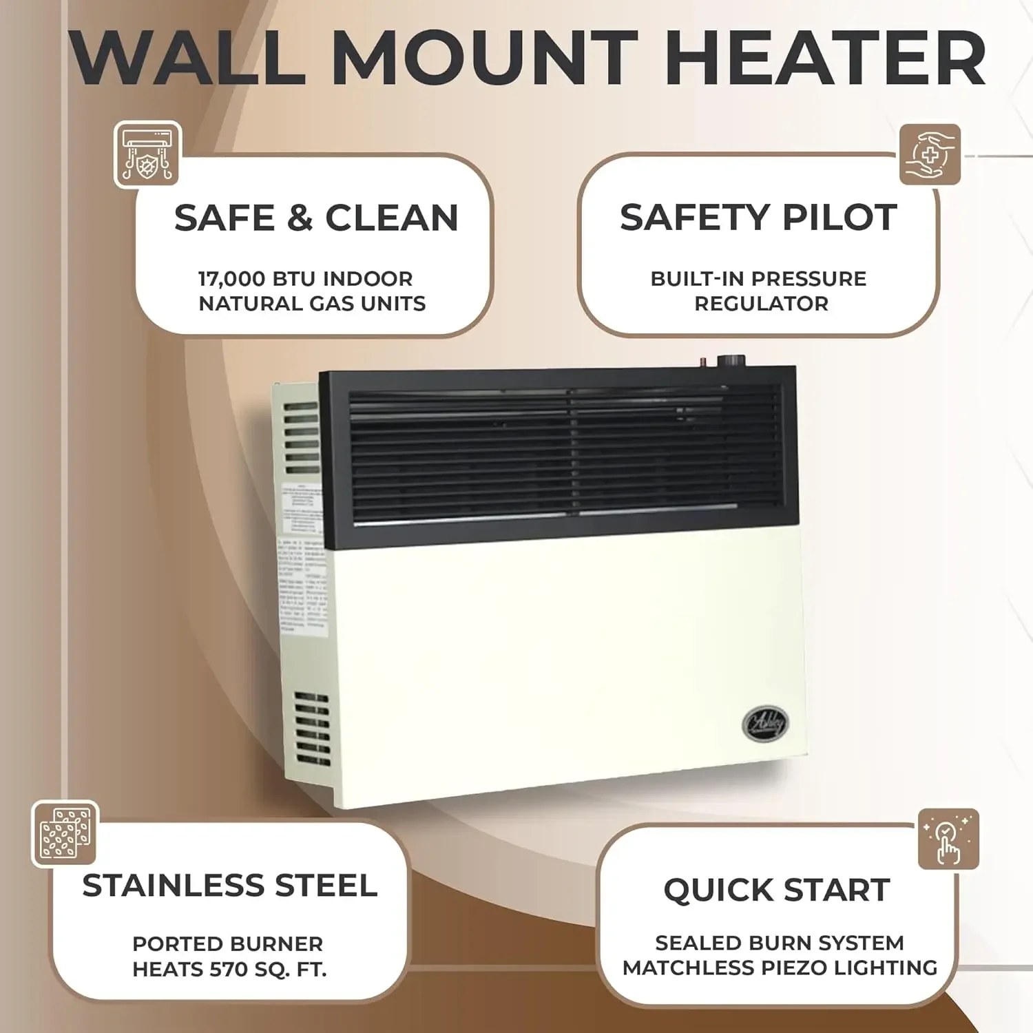 เครื่องทําความร้อนติดผนังโพรเพนเหลวระบายอากาศโดยตรงขนาด 17,000 BTU พร้อมสายฟ้า Piezo, นักบินนิรภัยและตัวควบคุมในตัว, ครีม