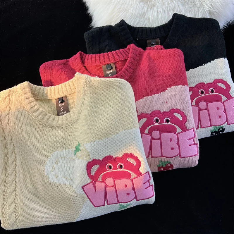 Disney Lotso Kawaii Knit Sweater Women\'s New Korean Stylish Long Sleeve Black Knitwear Top Y 2k Girls Harajuku Cyber Y2k Clothes