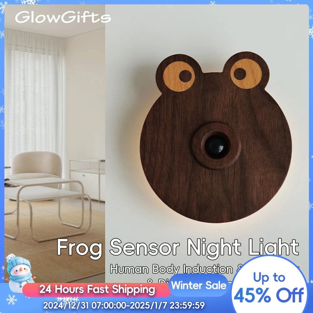 Cute Frog Sensor Night Light LED Wood Human-body Induction Wall Lamp Wood Frog-shaped Motion Sensor Night Light LED Rechargeable