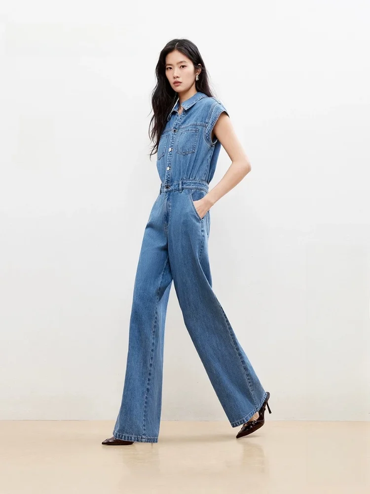 Spring New Women's Overall Jeans with Double Sided Pockets Cover Sleeve Strap  Casual Cotton Natural Waist Loose Fit