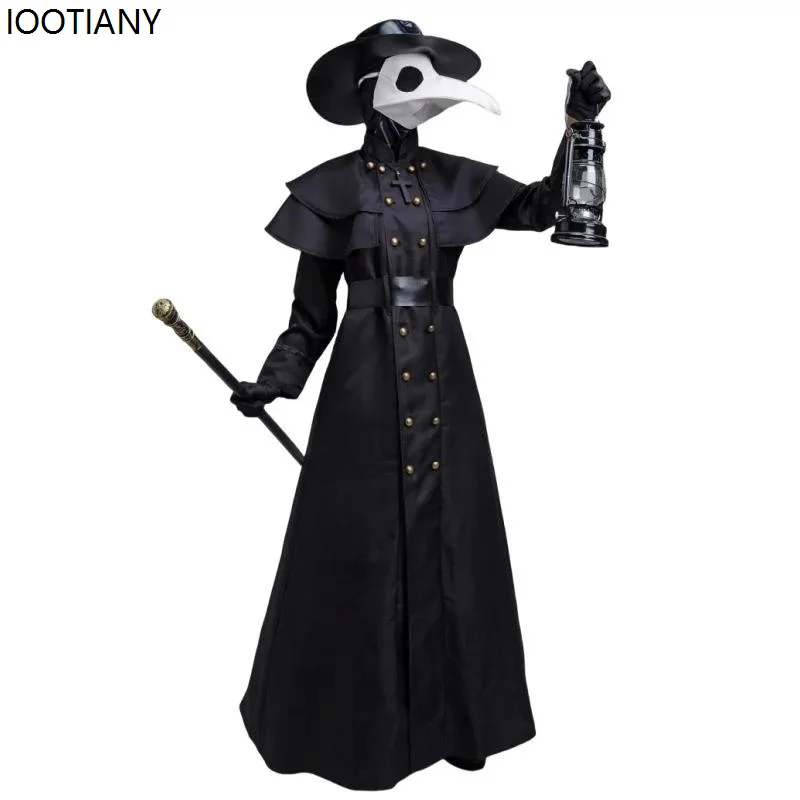 Unisex Crow Doctor Cosplay Dress Medieval Steampunk Gothic Black Horror Doctor Costumes Carnival Masquerade Dress Up Hooded Robe