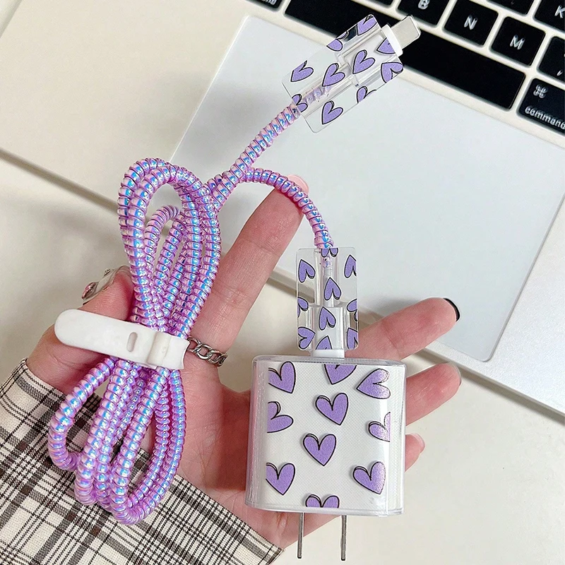 

4 IN 1 Love Heart Charging Data Cable Protector Case For iPhone 16 15 18W 20W Charger Protective Cover Winder Accessories Sleeve