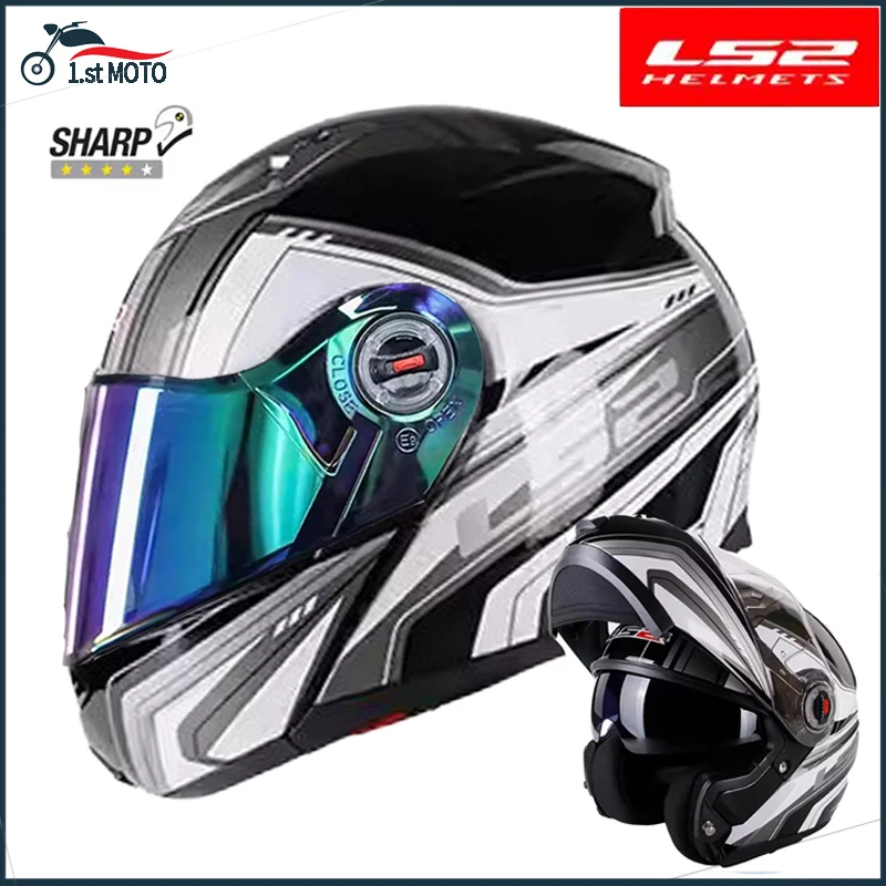 Original LS2 FF370 Motorcycle Helmet Flip Up SHARP Certification Double Lens Helmet Capacete LS2 Casco Black White Correct Size