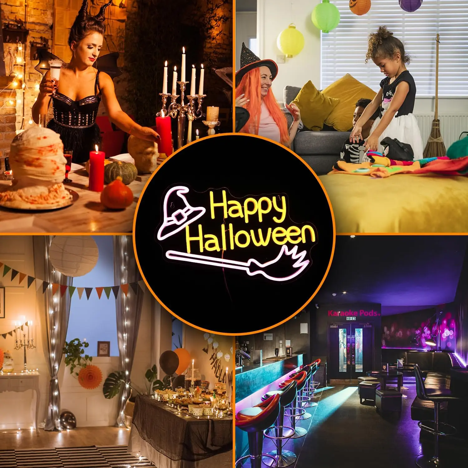 Happy Halloween Neon Sign Dimmable Led Witch Hat Neon Lights For Halloween Decorations Home Spooky Party Room